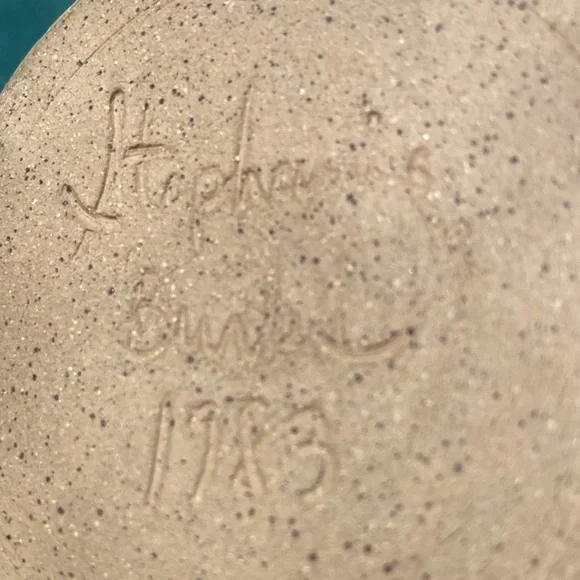 POTTERY artisan made signed mug, tan & blues, 1 cup, fancy handle $20 - Picture 9 of 9